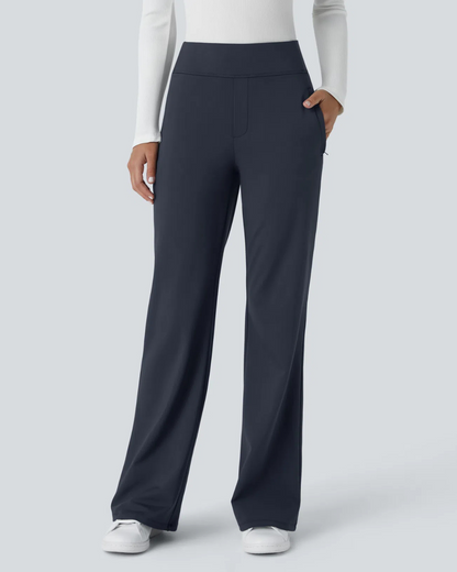 Calça legging de cintura subida para trabalho com bolsos laterais e ténis de corrida para mulher. 