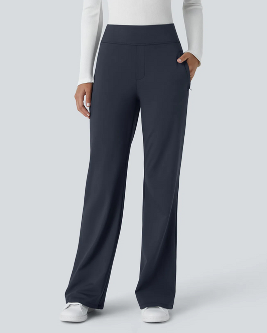 Calça legging de cintura subida para trabalho com bolsos laterais e ténis de corrida para mulher. 