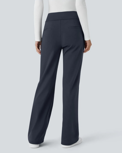 Calça legging de cintura subida para trabalho com bolsos laterais e ténis de corrida para mulher. 