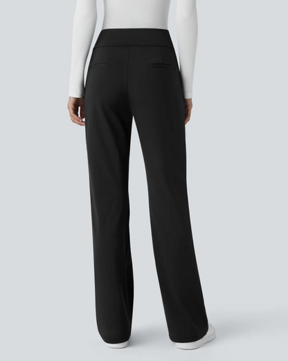Calça legging de cintura subida para trabalho com bolsos laterais e ténis de corrida para mulher. 