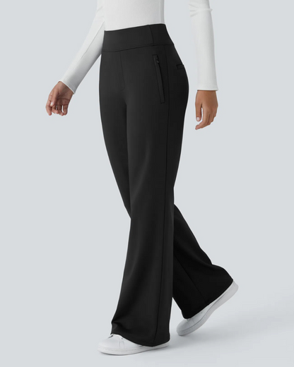 Calça legging de cintura subida para trabalho com bolsos laterais e ténis de corrida para mulher. 